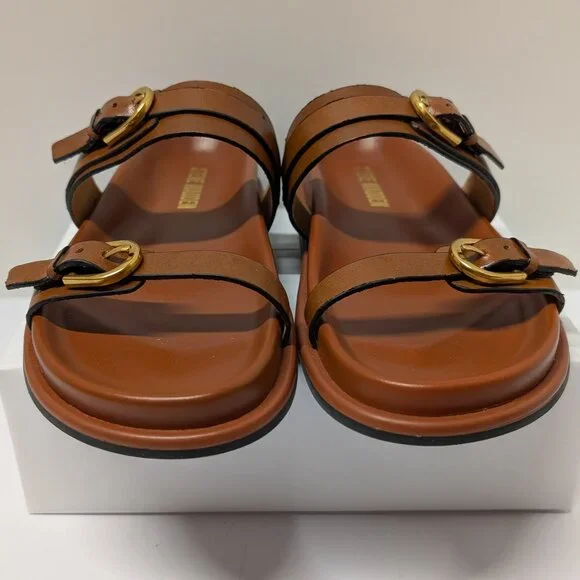 Steve Madden Zina Leather Double Strap and Buckle Sandals in Brown & Gold - Picture 9 of 12